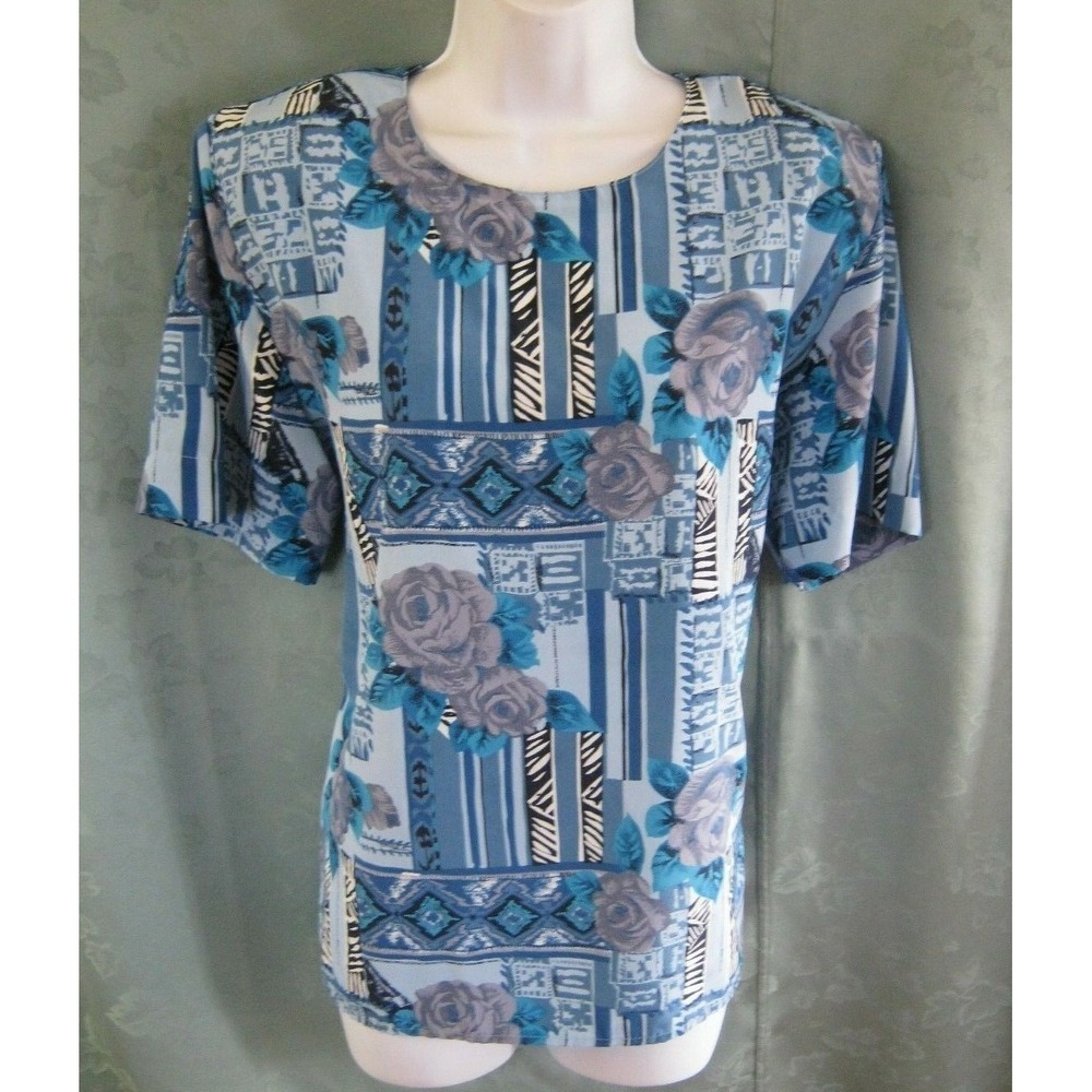 VTG 80's Heritage Road Blouse Size Medium Blue Print Collarless Shell Career Top